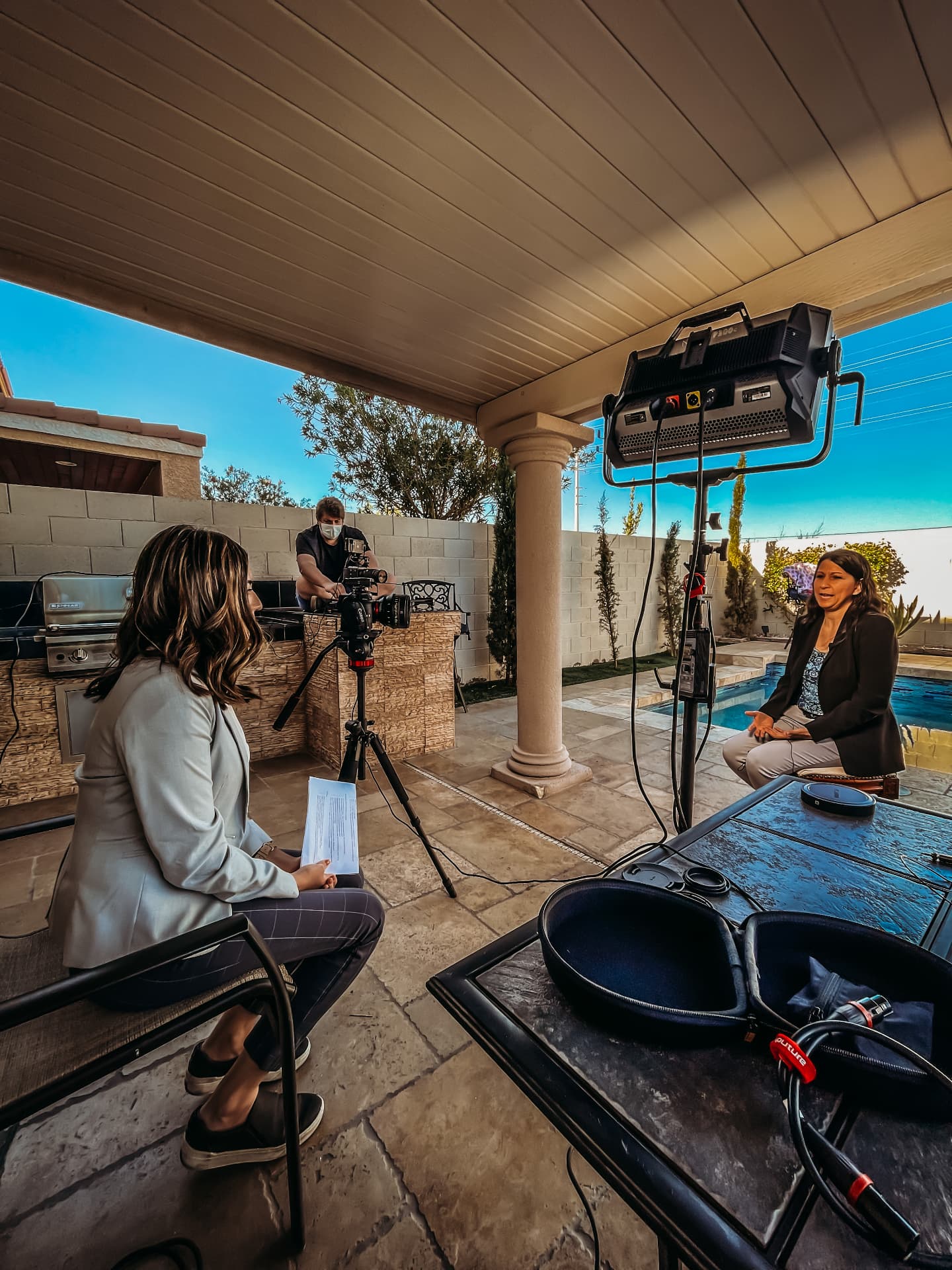 Backyard interview production by the pool