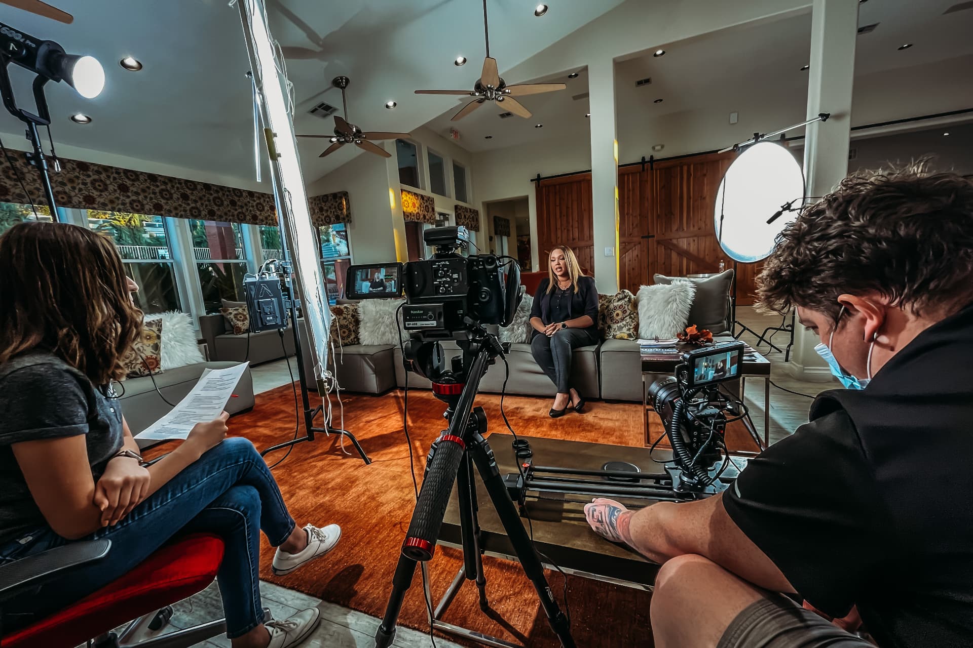 Home interview shoot with a director and interviewer